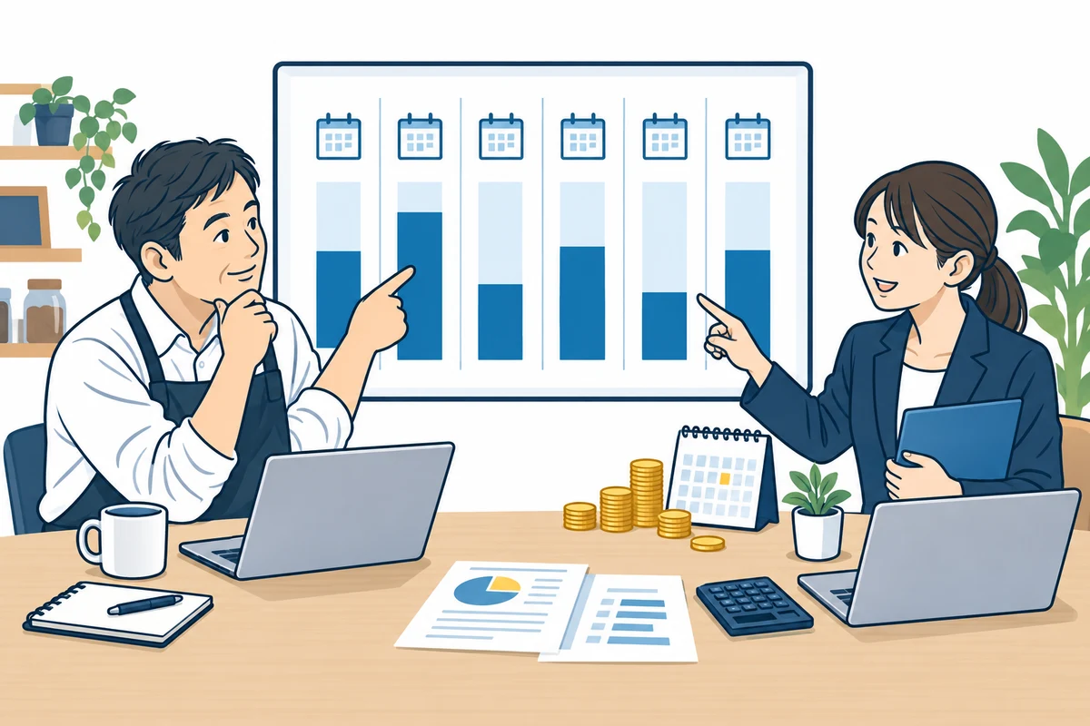 資金繰り表を見ながら6か月先の現金を確認する経営者と担当者