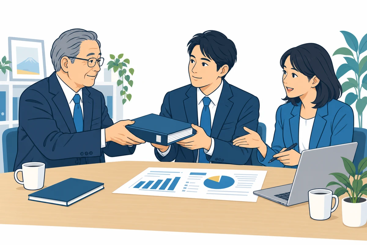 現経営者と後継者が会社の数字と経営判断を引き継ぐ様子